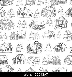 Schwarz-weiße Reihe von Häusern und weihnachtsbäumen zum Ausmalen Nahtlose Muster für Buch oder Karte Stock Vektor
