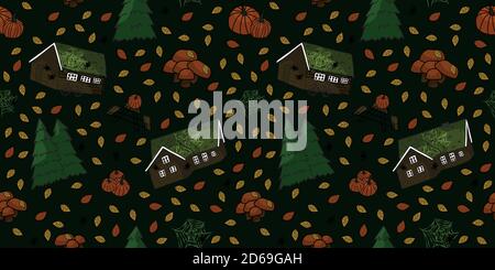 Braun Holz skandinavischen Häuser, Bäume, Kürbisse, Spinnen, Netz, Blätter und Pilze nahtlose Muster Stock Vektor