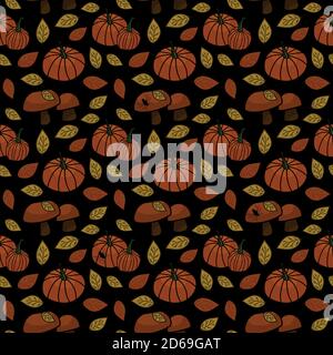 Orange Kürbisse, Pilze, Blätter, Spinnen nahtloses Herbstmuster auf schwarzem Hintergrundgrund für Halloween Stock Vektor