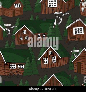 Kanadische und skandinavische orange braune Holzhäuser mit Gras auf dem Dach, weiße Fenster und weihnachtsbäume Vektor handschriftliche nahtlose Wiederholung patt Stock Vektor