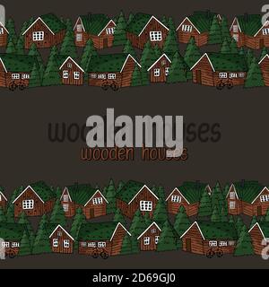Grün und orange oder braun Holzhäuser nahtlose Wiederholung Grenze Muster mit Holztext Stock Vektor