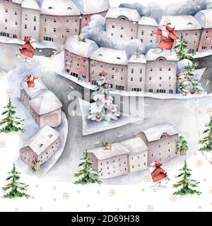 Frohe Weihnachten auf dem Stadtplatz rund um den weihnachtsmann und Baum unter dem Schnee. Handgezeichnete Winter isolierte Illustration Stockfoto