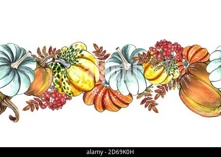 Thanksgiving-Rahmen. Aquarell von Hand gezeichnete Illustration. Nahtlose Vorlage für Werbung, Karte, Poster. Traditionelle pute, Kürbis und Stockfoto