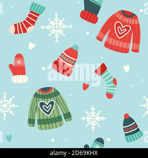 Weihnachtsmuster mit niedlichen Pullovern, Hüten, Socken und Handschuhen, Vektorgrafik im flachen Stil Stock Vektor