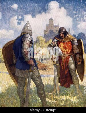 Sir Lancelot. Illustration aus „The Boy's King Arthur: Sir Thomas Malory's History of King Arthur and His Knights of the Round Table, herausgegeben für Boys“ von Sidney Lanier (1922). Die Illustration mit der Aufschrift "Ich bin Sir Launcelot du Lake, König Bans Sohn von Benwick und Ritter des Runden Tisches." Stockfoto