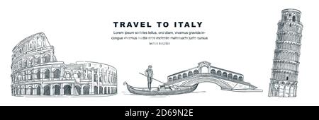Reisen Sie nach Italien handgezeichnete Designelemente. Vektor Skizze Illustration von Kolosseum, Schiefer Turm von Pisa, Rialtobrücke. Rom, Venedig, Pisa berühmte s Stock Vektor