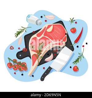 Kochen Rindfleisch Steak, Vektor Cartoon Draufsicht Illustration. Schwarzes Graphit Schneidebrett mit rohem Schweinefilet auf Knochen, Gewürze und Zutaten auf weißem b Stock Vektor