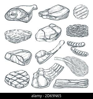 Frische rohe Fleisch Sammlung, Skizze Vektor Illustration. Handgezeichnete Designelemente für Lebensmittel isoliert. Rindersteak, Schinken, Schweinefilet, Lammkoteletts. Stock Vektor