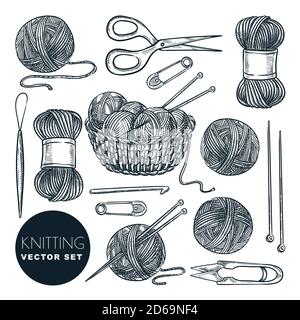 Strickwerkzeuge und Wollgarn-Set, isoliert auf weißem Hintergrund. Vektor handgezeichnete Skizzendarstellung. Handgefertigte und handgefertigte Designelemente. Stock Vektor