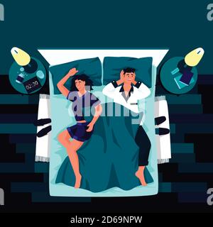 Junge müde Paar leiden an Schlaflosigkeit. Vektor flache Cartoon-Illustration. Schlafloser Mann und Frau im Schlafzimmer. Stress, Depression und Schlaf Stock Vektor