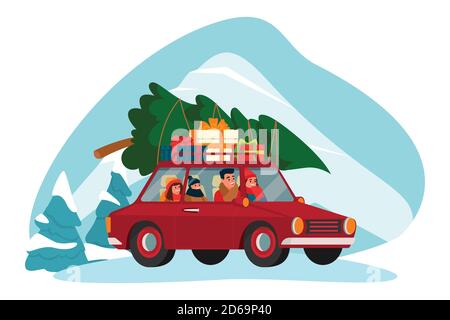 Glückliche Familie mit zwei Kindern fährt auf rotem Auto mit Weihnachtsbaum und Geschenke auf dem Dach. Vorbereitung und Feiern Silvester. Vektor flach Cartoon illus Stock Vektor