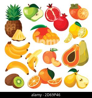 Bananen, Orangen, Ananas und andere tropische exotische Früchte. Vektor flache Cartoon-Illustration. Frische Lebensmittel Design-Elemente und Symbole Set. Natürliche Tast Stock Vektor