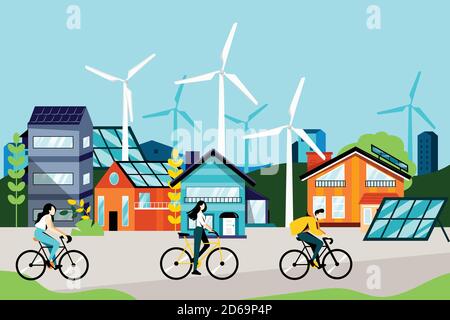 Grüne Stadtlandschaft mit modernen Gebäuden, Radfahrern, Sonnenkollektoren und Windturbinen. Eco urban living and saving environment concept. Vector flaches Auto Stock Vektor