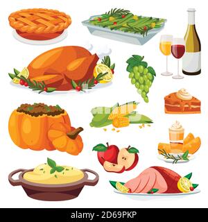 Thanksgiving Feiertagsmenü Designelemente. Vektor flache Cartoon-Illustration. Traditionelles Urlaub hausgemachtes Essen. Geröstete pute, Pie, grüne Bohnen und Stock Vektor