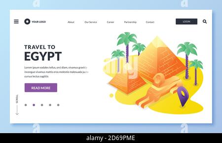Reisen Sie nach Ägypten und Kairo Vektor-Illustration. 3d isometrische Symbole der ägyptischen Pyramide, Sphinx und Palmen. Web Landing Page, Banner oder Poster Design. Bis Stock Vektor