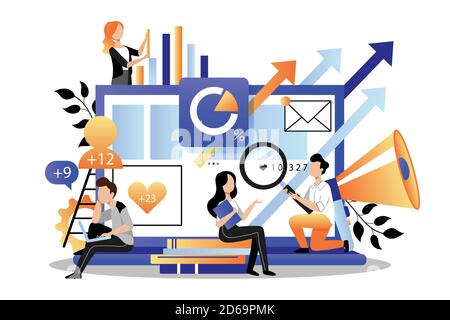 Team von Wirtschaftsmarketingspezialisten analysiert Daten, entwickelt Produktförderungsstrategie in sozialen Netzwerken. Vektor flache Cartoon-Illustration. Digitales Marketing Stock Vektor
