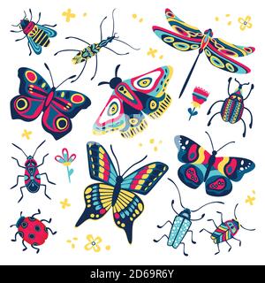 Bunte niedliche Schmetterlinge, Käfer und Käfer Set. Vektor flache Cartoon-Illustration. Kreative Doodle Insekten Sammlung auf weißem Hintergrund isoliert. Stock Vektor