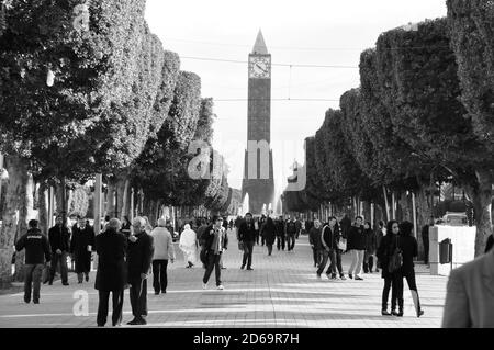 Die Avenue Mohamed V ist die wichtigste Straße, die direkt an die Medina von TUnis führt. Stockfoto