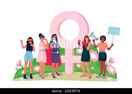 Feminismus und Mädchen Macht Konzept. Vektor flache Cartoon-Illustration, isoliert auf weißem Hintergrund. Frauen Figuren stehen zusammen vor f gesetzt Stock Vektor