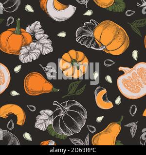 Bunte Kürbisse Vektor nahtlose Muster. Skizze handgezeichnete Illustration. Herbst Kürbis Ernte, Samen, Farm Food Paket schwarzen Hintergrund. Stock Vektor