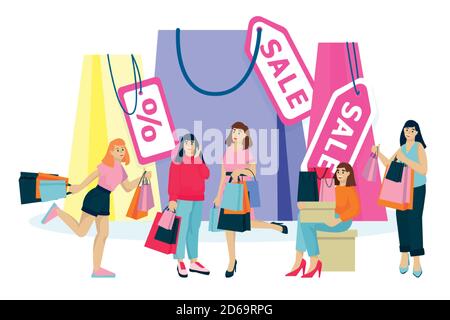 Glückliche junge Frauen mit Einkaufstaschen machen einkaufen. Vektor flache Cartoon-Illustration isoliert auf weißem Hintergrund. Mode saisonales Verkaufskonzept. Stock Vektor
