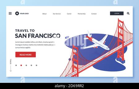 Reise nach San Francisco, USA Vektor 3d isometrische Illustration. Flugzeug fliegt über die Golden Gate Bridge. Web Landing Page, Banner, Poster Design. Tourismus w Stock Vektor