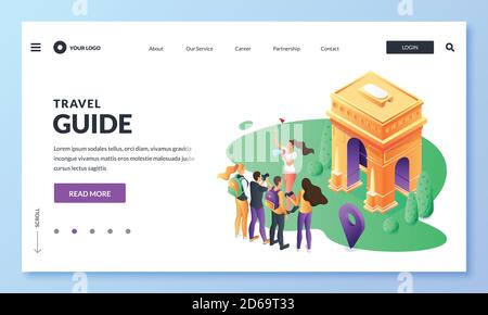 Reisen Sie nach Frankreich und Paris Vektor 3d isometrische Illustration. Führer und Gruppe von Touristen in der Nähe Triumphbogen. Web-Landing-Page, Banner oder Poster Stock Vektor