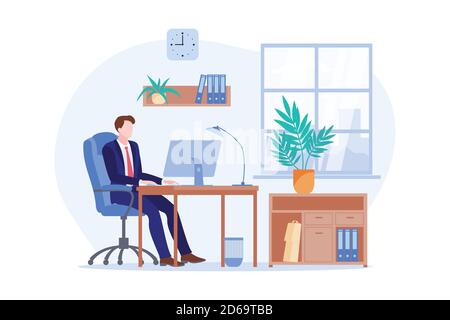 Arbeitsmorgen eines Geschäftsmannes. Vector flache Cartoon Illustration von Büroarbeitsplatz. Ein Geschäftsmann sitzt am Schreibtisch und arbeitet am Computer. Stock Vektor