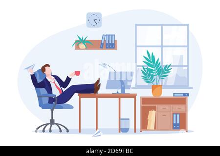 Procrastinating faul Freiberufler oder Geschäftsmann sitzt am Schreibtisch im Büro. Vektor flache Cartoon-Illustration der Manager Kaffeepause. Procrastina Stock Vektor