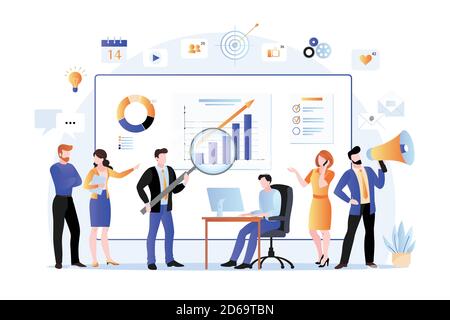 Projektmanager, Unternehmensvermarkter analysieren Daten, entwickeln Produktförderungsstrategie in sozialen Netzwerken. Vektor flache Illustration von Büro teamwor Stock Vektor