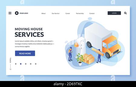 Umzug nach Hause, Umzug oder Lieferkonzept. Arbeiter der Bewegen Service laden Kühlschrank, Teppich, Möbel, Boxen in LKW. Vektor-3d-isometrischer Bildlauf Stock Vektor