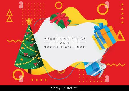Frohe Weihnachten, Frohes Neues Jahr Poster, Banner abstrakten weißen Rahmen. Vector flache Cartoon-Illustration von dekorierten Weihnachtsbaum und mehrfarbigen Geschenk Stock Vektor