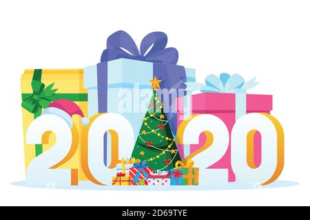 Neujahrskarte 2020. Vektor flache Cartoon-Illustration, isoliert auf weißem Hintergrund. Dekorierter Weihnachtsbaum und große bunte Geschenkboxen. Stock Vektor