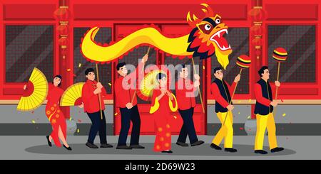 Glückliche Menschen feiern das chinesische Mondjahr. Vektor flache Cartoon-Illustration. Feiertagsparade in china Stadt mit Drachen, Laternen und Tänzen. Orie Stock Vektor