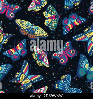 Bunte niedliche Schmetterlinge Kollektion auf schwarzem Hintergrund. Vektor Nahtloses Marineblau Muster. Cartoon Kinder Textildruck Design. Tropische bunte Insekten Stock Vektor