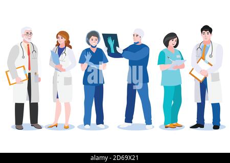 Männer und Frauen Ärzte, Chirurg und Krankenschwester isoliert auf weißem Hintergrund. Vektor flache Cartoon-Illustration. Medizinisches Team Menschen Zeichen gesetzt. Krankenhaus Stock Vektor