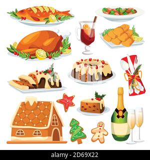 Design-Elemente für Weihnachten und Neujahr. Vektor flache Cartoon-Illustration. Traditionelles Urlaub hausgemachtes Essen. Gebratener truthahn, Lebkuchen Stock Vektor