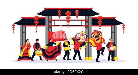 Wir Feiern Das Chinesische Mondneujahr. Vektor flache Cartoon-Illustration von glücklich tanzenden Menschen mit roter Flagge, Drachen Masken. Festtage Performance Parade i Stock Vektor