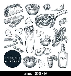 Mexikanische traditionelle Lebensmittel, Vektor-Skizze Illustration. Set von isolierten handgezeichneten Snack-Mahlzeit. Design-Elemente für Restaurants oder Cafés. Stock Vektor