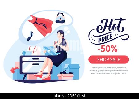 Mädchen shopaholic sitzt auf Haufen von Mailboxen und zahlt für Einkäufe im Online-Shop von Damenmode Kleidung. Vektor flache Cartoon-Illustration. Saisonal Stock Vektor