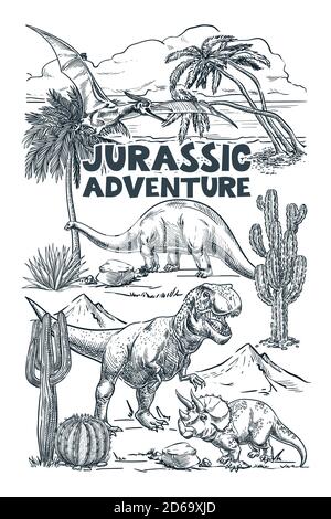 Dinosaurier und tropische Landschaft. Vektor handgezeichnete Skizzendarstellung. Mode Textil Grafik T-Shirt-Print oder Banner, Poster-Design. Stock Vektor