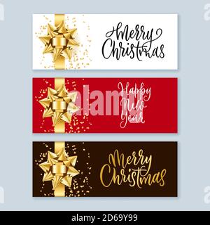 Frohe Weihnachten und glückliches Neues Jahr Banner Set mit realistischem 3d Gold Rundbogenband und handgezeichneten Kalligraphie-Schriftzug. Winter Urlaub Geschenk backgr Stock Vektor