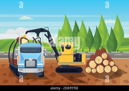 Forstwirtschaft Holzwirtschaft. Laden von Holzstämmen in LKW, Vektor flach Cartoon-Illustration. Industriekran und Fahrzeugausrüstung für Holzstämme sh Stock Vektor