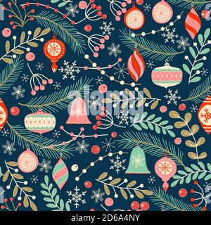 Frohe Weihnachten, Happy New Year Nahtloses Muster mit Spielzeug, Tannenzapfen, Stechenblätter und Beeren für Grußkarten, Geschenkpapiere. Nahtloses Muster. Stock Vektor