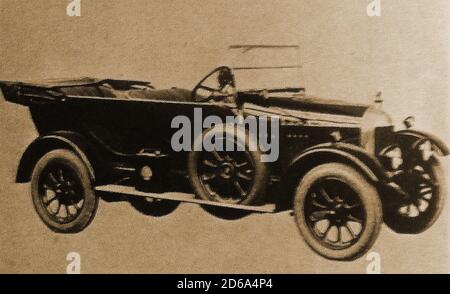 1925 (aus einer alten britischen Werbung) - der Morris Cowley D Type oder Bull Nose (auch bekannt als Continental Cowley) war mit Ballonreifen ausgestattet. Sein Stablemat war das Morris Oxford Es wurde 1926 durch das Morris Cowley Flatnose ersetzt. Stockfoto