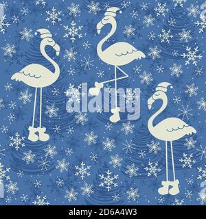 Weihnachtliche Nahtloses Muster mit Flamingo und Schneeflocken für Grußkarten, Geschenkpapiere. Handgezeichnete Vektorgrafik. Stock Vektor