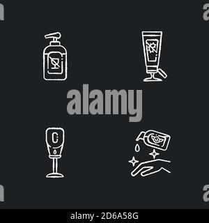 Desinfektionsmittel Handdesinfektionsmittel Kreide weiße Symbole auf schwarzem Hintergrund gesetzt Stock Vektor