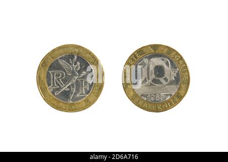 Nahaufnahme einer französischen 10-Franc-Münze, Vorder- und Rückseite. Isoliert auf Weiß. Stockfoto