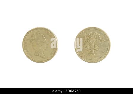 Nahaufnahme einer Old Shiny British Pound Münze, vorne und hinten. Isoliert auf Weiß. Es hat das Profil von Königin Elizabeth II. Seit dem Original vorgestellt Stockfoto