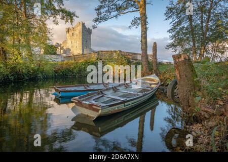 Verankerte Ruderboote und Blick auf Ross Castle Ufer des Lough Leane im Killarney National Park in Irland Stockfoto